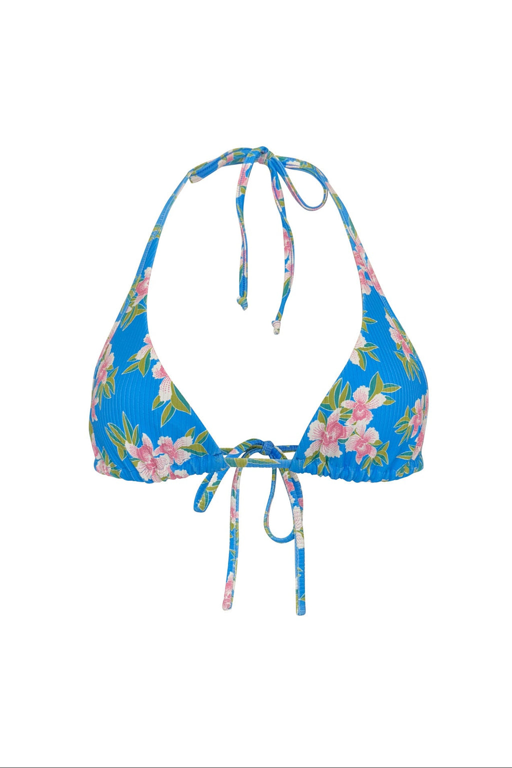 A halter bikini top with a vintage Honolulu floral print in blue, pink, and green colors on a white background.