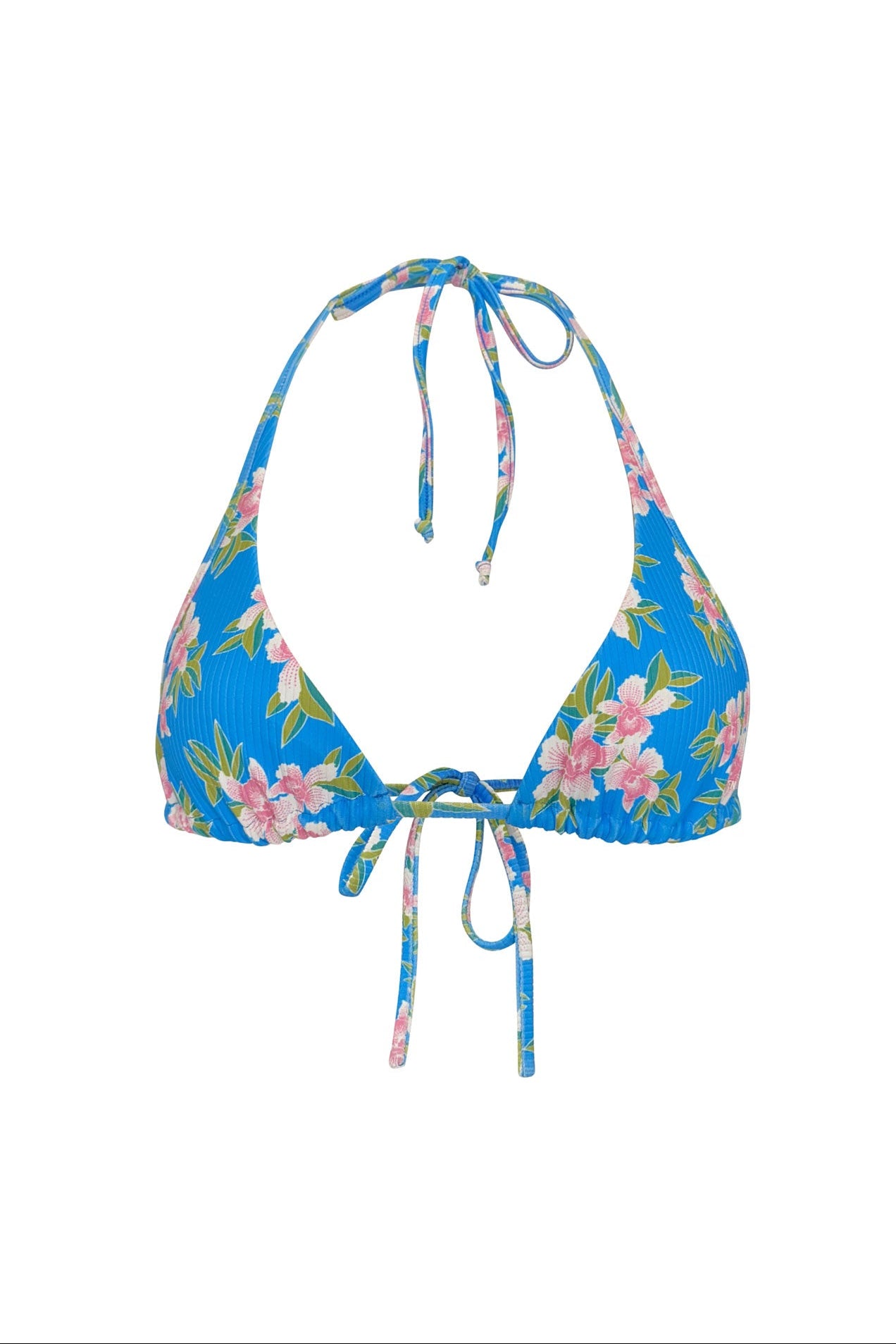 A halter bikini top with a vintage Honolulu floral print in blue, pink, and green colors on a white background.