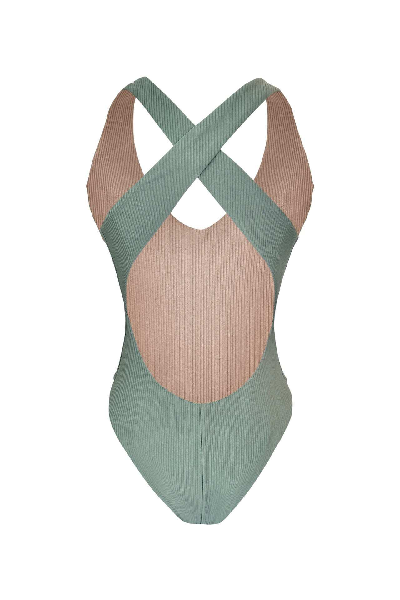Green swimsuit with criss-cross back design on a white background