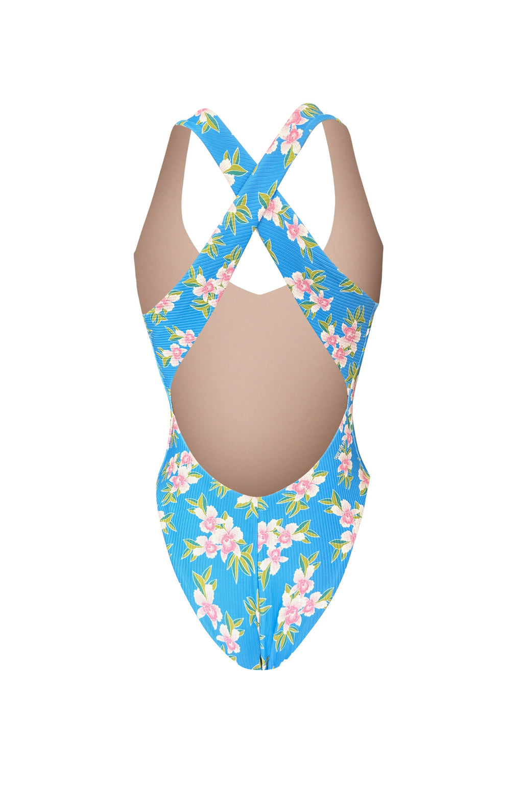 Blue floral swimsuit with a criss-cross back design on a white background