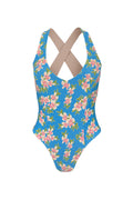 Blue floral one-piece swimsuit with criss-cross back on a white background