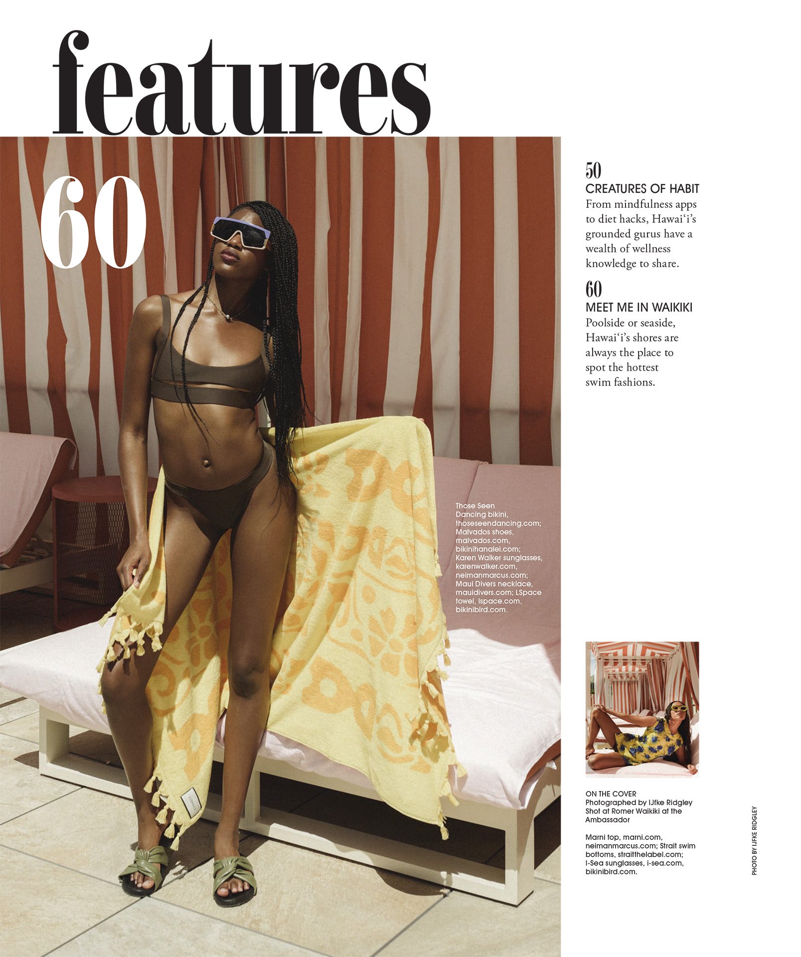 Woman in a bikini standing on a sunbed with a yellow towel, surrounded by magazine layout elements.