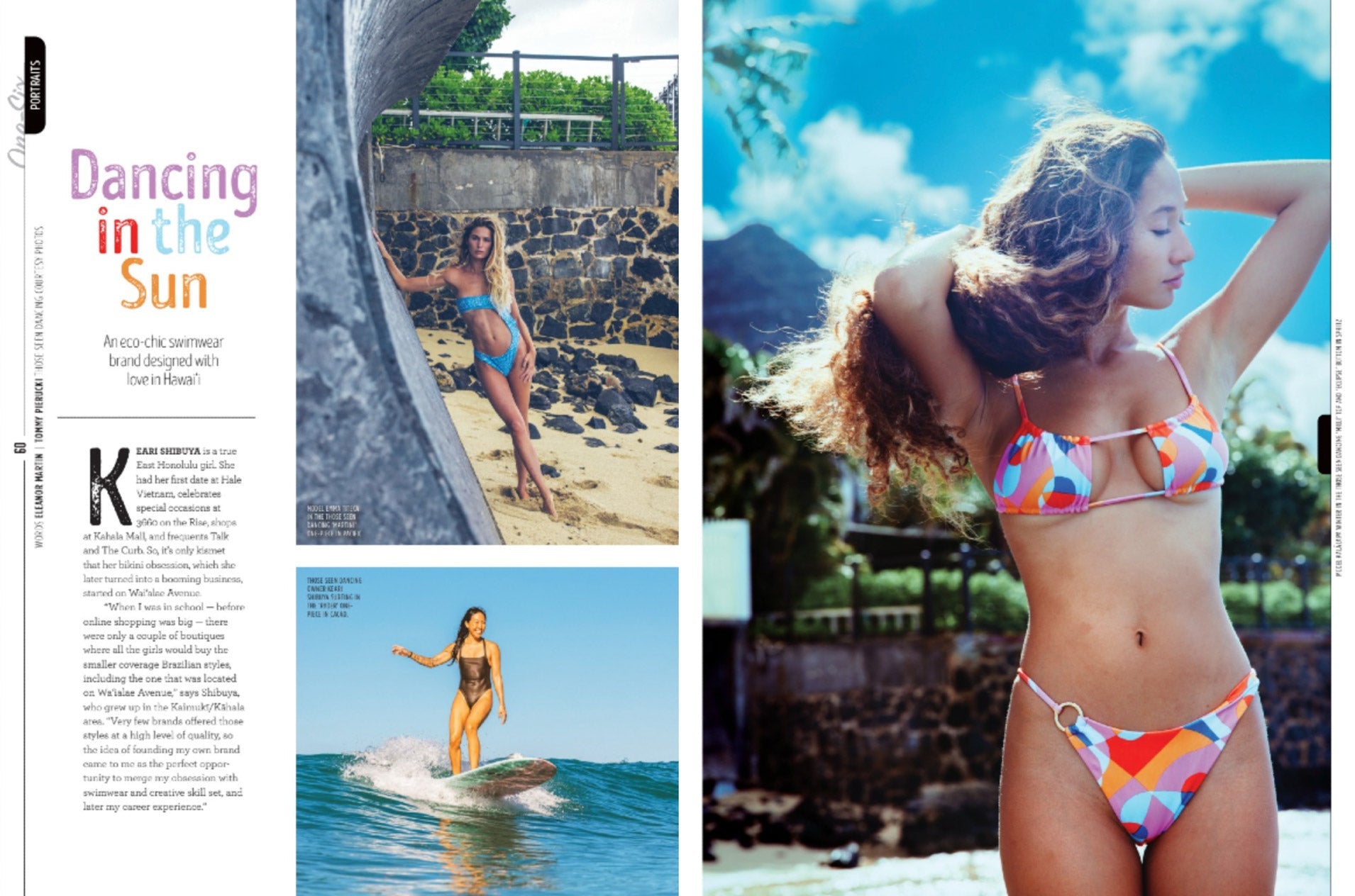 Woman in colorful bikini on a beach with text and magazine layout elements.